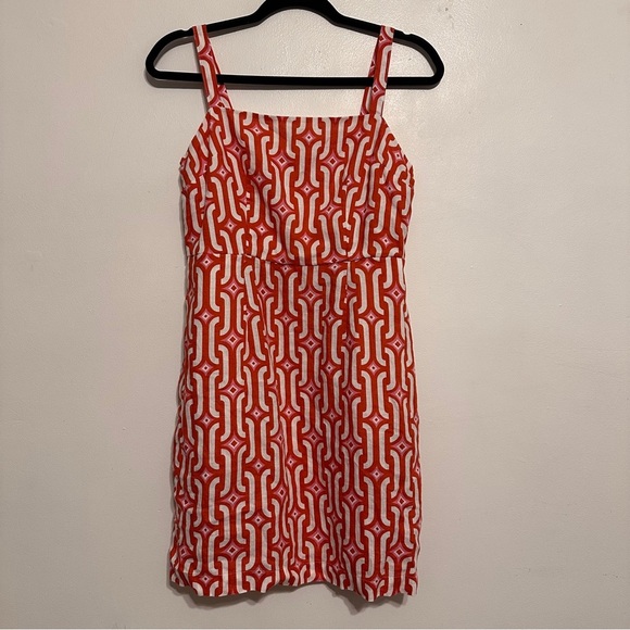 Boden Strappy Linen A-Line Mini Dress in Blood Orange Azure Geo Size 4 - Picture 2 of 6